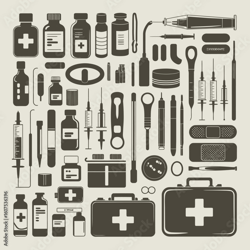 Collection of vintage medical instruments and supplies arranged in a grid