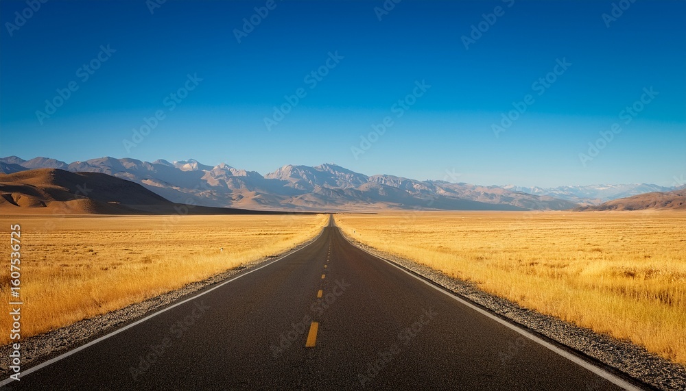 Fototapeta premium long straight road stretches through golden plains and mountains under a clear blue sky