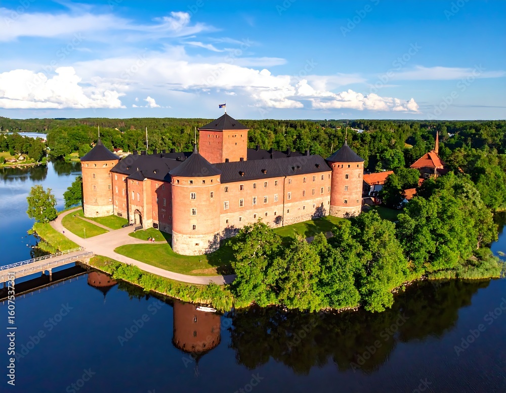 Fototapeta premium Aerial view of a historic red brick castle on an island, surrounded by a tranquil lake and lush green forest, under a partly cloudy sky