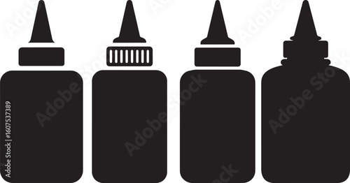 Four black glue bottle silhouettes isolated on white background