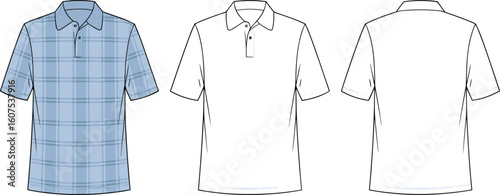 Blue Plaid Polo Shirt Fashion Illustration, Front and Back View Design Template, Classic Menswear Apparel Sketch for Clothing Brands, Designers