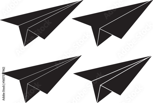 Four black paper airplanes flying silhouette isolated on white background