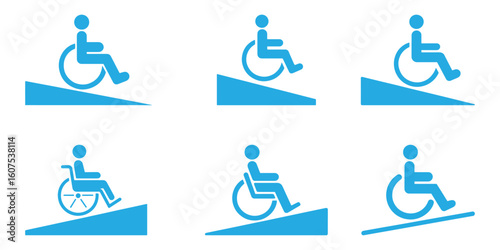 Seamless Pattern of Blue Wheelchair Ramp Symbols on a White Background for Accessibility Awareness
