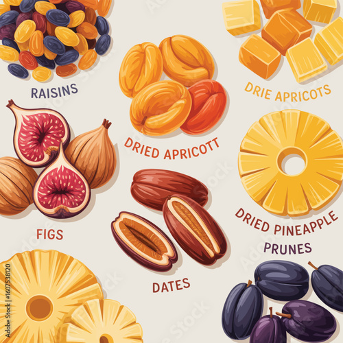Assortment of healthy dried fruits and raisins