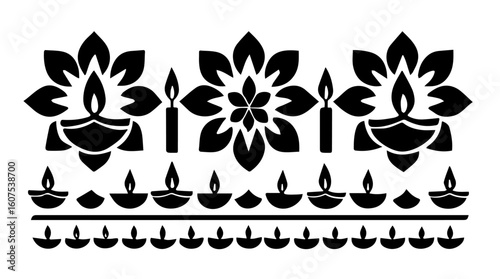 Decorative Black Vector Seamless Border of Small Diyas and Candles in Traditional Diwali Pattern, Editable Formats: AI, EPS, JPG, PNG, Ideal for Both Digital and Print Use
