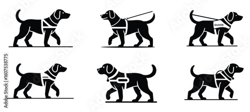 Black Silhouette of Guide and Service Dogs Walking with Harnesses on White Background