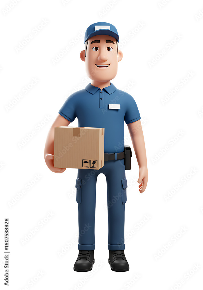 Smiling delivery man in blue uniform holding a cardboard box. Smiling delivery man in blue uniform holding a cardboard box.