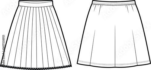 Fashionable A-Line and Pleated Skirt Designs for Women, Apparel Illustration, Sewing Patterns, Clothing Style Reference, Garment Drawing Template