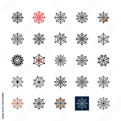 Set of 25 Spider Web Icons in Halloween Style