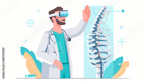 Vector Illustration of AR-Guided Spinal Surgery with 3D Vertebrae Overlay