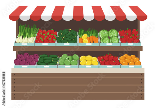 A market stall is filled with fresh produce arranged in trays on two shelves under a red and white striped awning