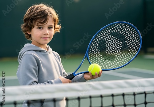 Young boy holding a tennis racket and ball on a court, capturing the excitement of youth sports, perfect for family and sports-themed projects.