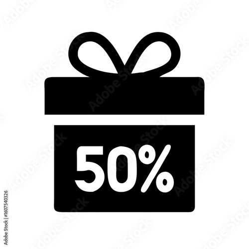 Gift box with a 50% discount sign, simple design on white background, copy space