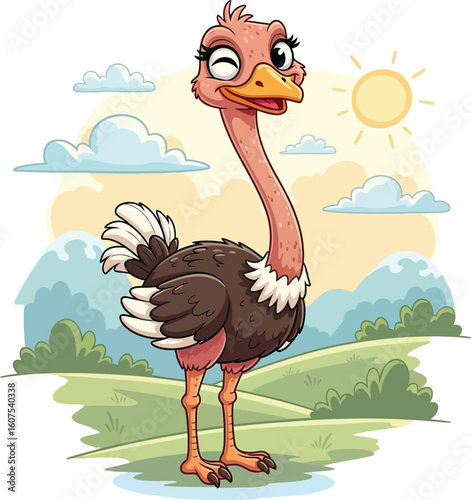 A Cheerful Cartoon Ostrich Standing Proudly in a Sunny Field
