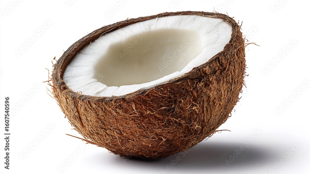 Coconut closeup Cocos nucifera opened coconut white pulp and brown shell macro fruit detail isolated on white background Coconut closeup Cocos nucifera opened coconut white pulp and brown shell macro fruit detail isolated on white background