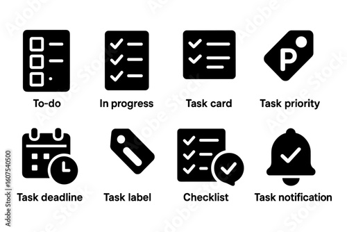 Set of Black Icons for Task Management Including Checklist, Task Card, Deadline, and Notification