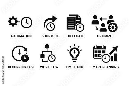 Black and White Productivity Icons Featuring Automation, Shortcut, Delegate and More