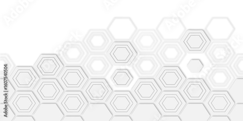 Arrangement of multiple white hexagon shapes connected together white background creating a pattern.