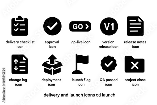 Delivery and Launch Process Icons Set with Checklists, Approvals, and QA Symbols