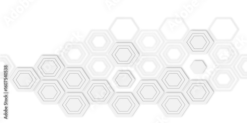 Arrangement of multiple white hexagon shapes connected together white background creating a pattern.