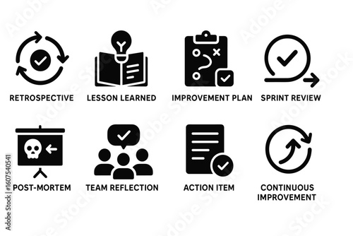 Set of 8 Project Management Icons Including Retrospective, Lesson Learned, Improvement Plan