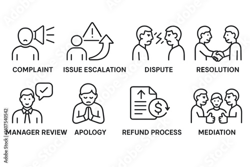 Set of 8 Outline Icons for Conflict Resolution and Customer Service including Complaint and Mediation