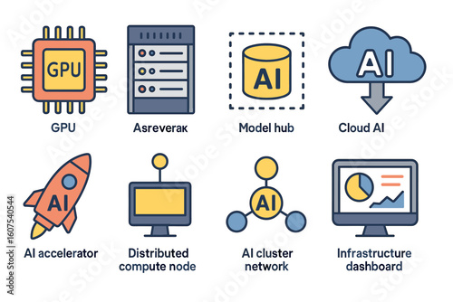 AI Technology Infrastructure Icons Set: GPU, Cloud AI, AI Accelerator, and More