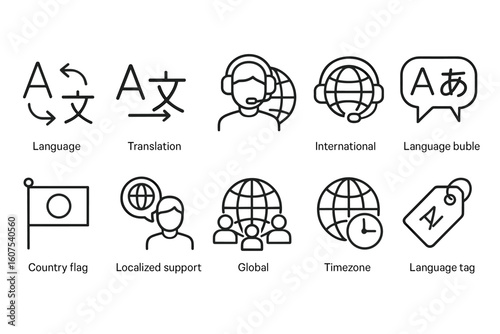 International Communication and Language Exchange Line Icons Set