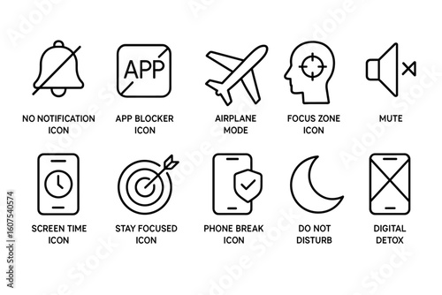 Minimalistic Line Icons for No Notification, Airplane Mode, Mute, and Digital Detox Features