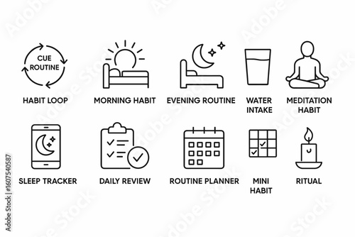 Set of 10 Minimalist Line Icons Depicting Daily Habits and Routines
