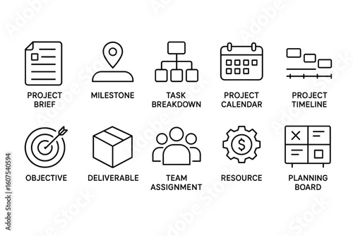 Project Management Icon Set with Briefs, Milestones, and Team Assignments