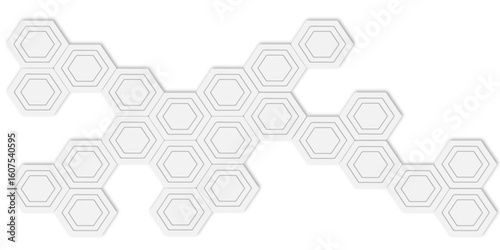 Arrangement of multiple white hexagon shapes connected together white background creating a pattern.