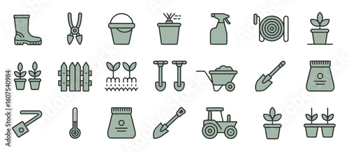 Collection of garden tools and supplies for planting and cultivation
