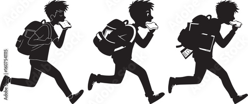 Three silhouette figures running with backpacks and cameras isolated on white background silhouette