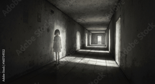 Wallpaper Mural Young girl standing alone in dark hallway with light at the end -   Torontodigital.ca
