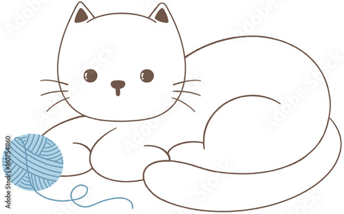Hand drawn white cat cartoon with ball of yarn