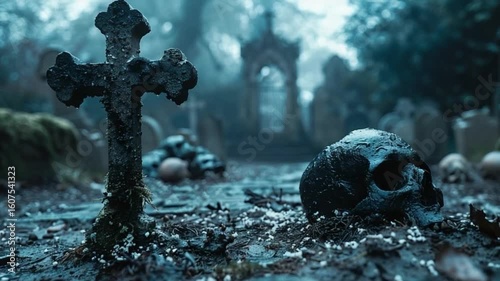 realistic dark horror cemetery with skulls scattered around