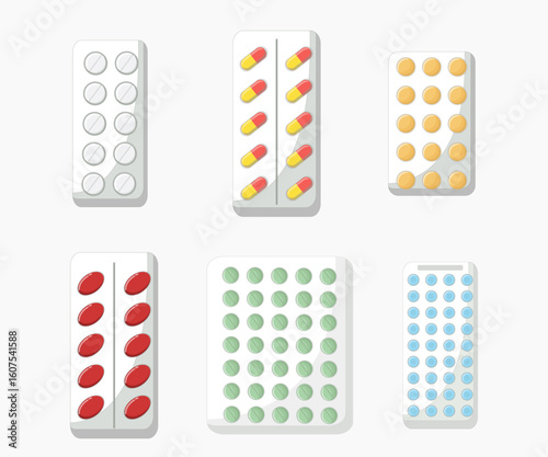 Set, tablets, pills, capsules of different colors, tablets in a blister, medicine, medicine