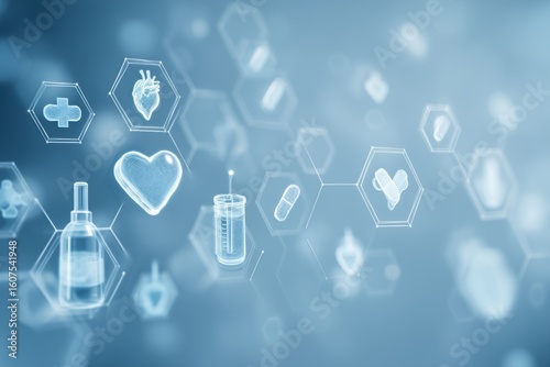 Floating transparent medical icons on a blue background.