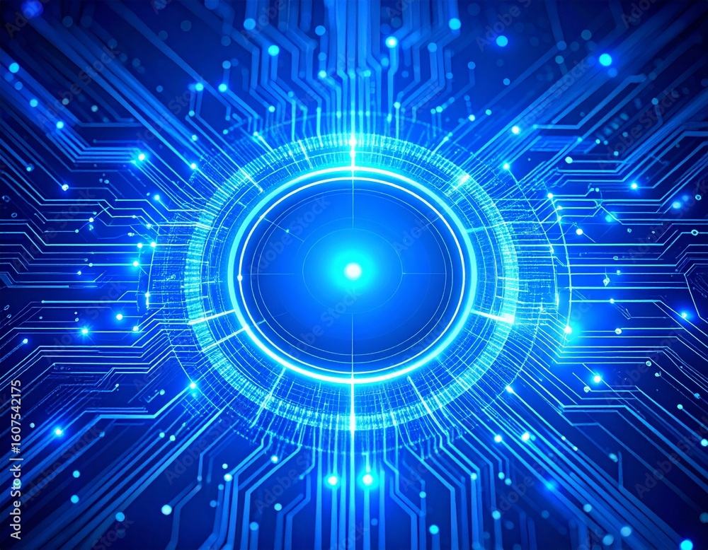 Obraz premium Futuristic glowing blue circuit board with radiating lines and bright center