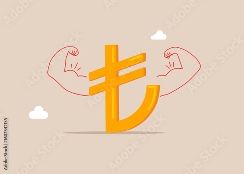 Financial and investment growth. Sign Turkish Lira money doing strong gesture. Money power. High esteem. Flat vector illustration