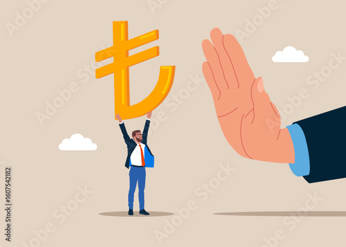 Businessman standing with sign Turkish Lira. Anti corruption scene with illegal bribe money transfer. Flat vector illustration