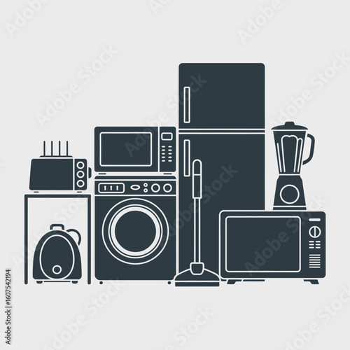 Collection of modern kitchen and home appliances in silhouette