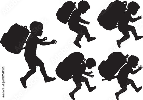 Children carrying heavy backpacks silhouette isolated on white background