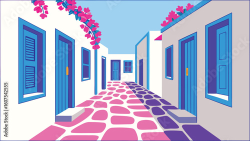 Charming Greek Village Street with White Buildings Blue Doors and Pink Flowers Under a Bright Sky in Summer
