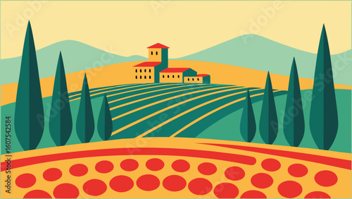 Charming Tuscan Countryside Landscape with Vineyard and Cypress Trees in a Retro Vector Art Style Illustration