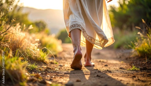 Barefoot woman walking a dirt path, bathed in golden sunlight