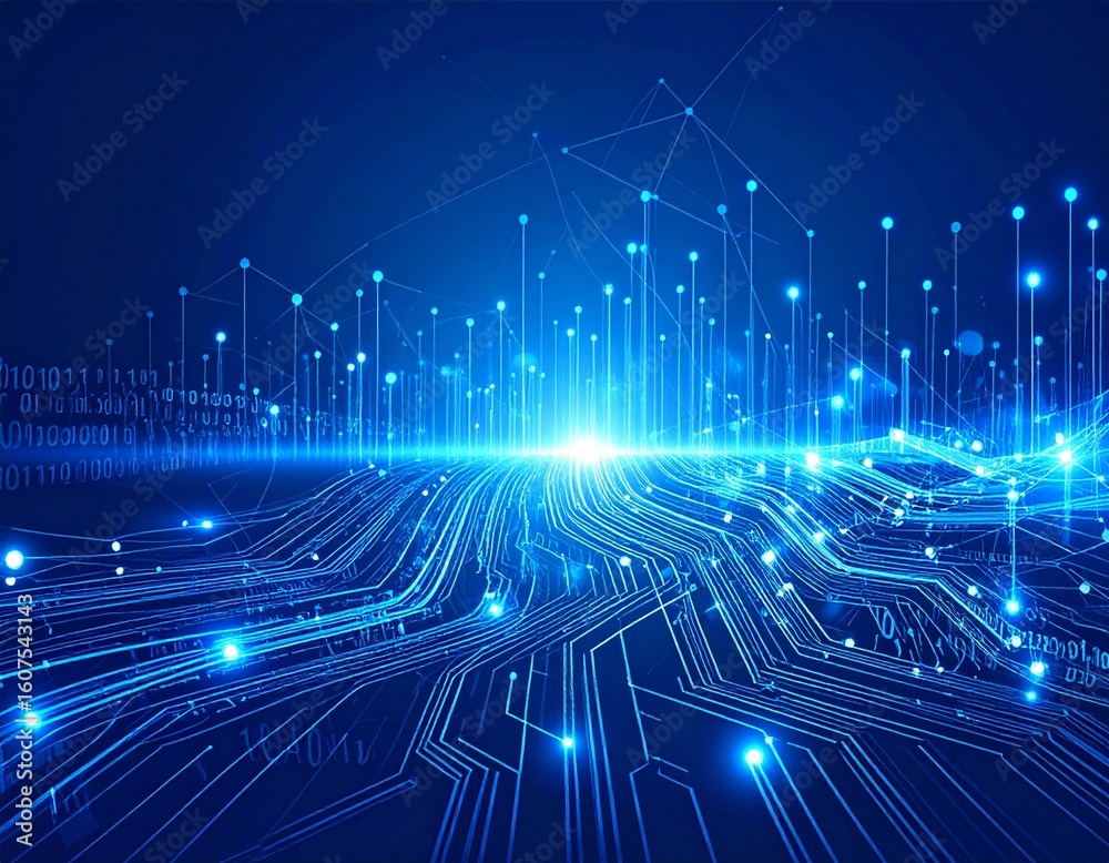 Obraz premium Abstract blue digital network with glowing lines and nodes representing technology and data flow