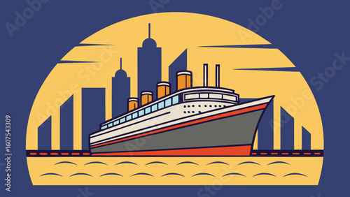 Majestic Ocean Liner with City Skyline at Sunset Retro Vector Illustration for Travel and Cruise Concepts