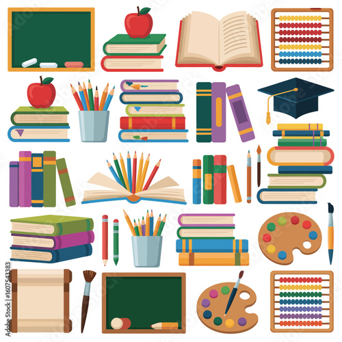 Collection of school supplies and educational materials for learning and study